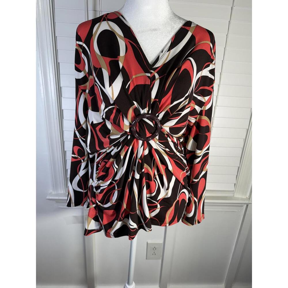 Cato Women's Long Sleeve Abstract Print Top with Front Ring Detail